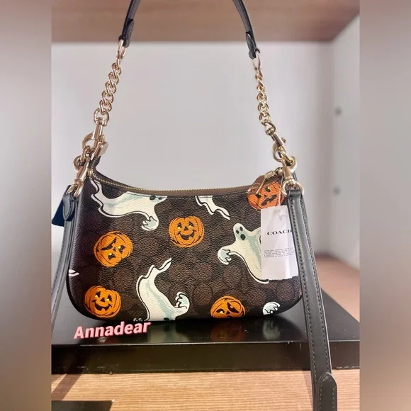 NWT Coach Teri Shoulder Bag In Signature Canvas Pumpkin Halloween Print CCE71 - Picture 6 of 15